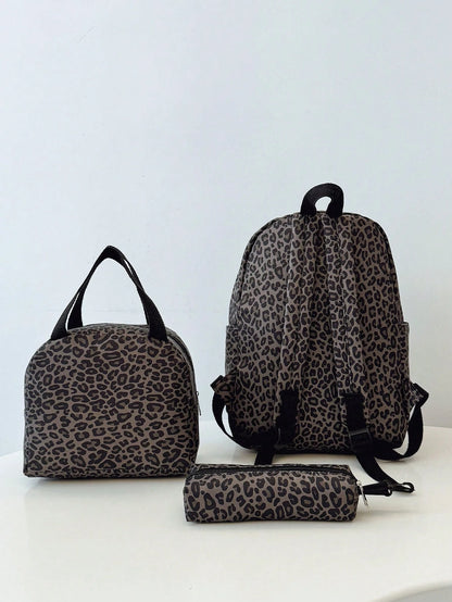 3-In-1 Casual Leopard Print Backpack Set, Includes Backpack, Lunch Bag, Crossbody Bag And Pencil Case, With Laptop Compartment, Multi-Pocket, Large Capacity, Suitable For Daily Use/Vacation/Travel/Bac