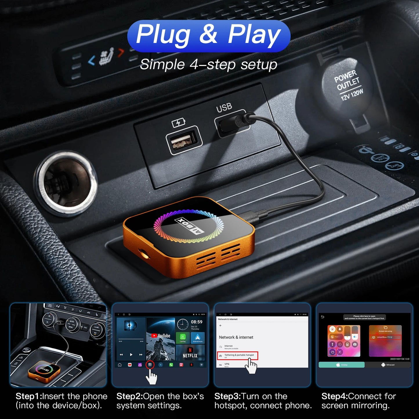 3-In-1 Wireless CarPlay & Android Auto Adapter, Compatible With NF/YT/Tk Streaming, Supports TF Card Expansion, Plug & Play & Easy Setup, Designed For Factory Wired CarPlay & Android Auto Vehicles, Sm