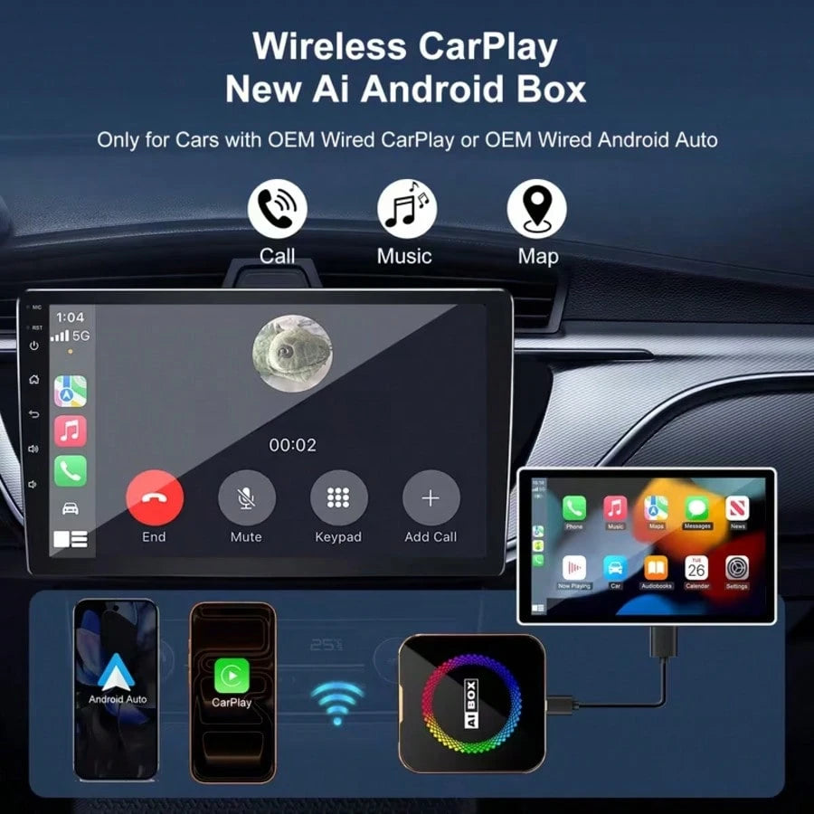 3-In-1 Wireless CarPlay & Android Auto Adapter, Compatible With NF/YT/Tk Streaming, Supports TF Card Expansion, Plug & Play & Easy Setup, Designed For Factory Wired CarPlay & Android Auto Vehicles, Sm