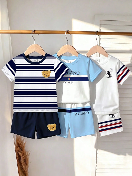 3 Sets Baby Boy Round Neck Short Sleeve T-Shirt And Shorts Casual Daily Outfit,School Clothes, Suitable For Summer Outings And Play
