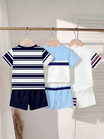 3 Sets Baby Boy Round Neck Short Sleeve T-Shirt And Shorts Casual Daily Outfit,School Clothes, Suitable For Summer Outings And Play