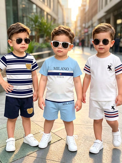 3 Sets Baby Boy Round Neck Short Sleeve T-Shirt And Shorts Casual Daily Outfit,School Clothes, Suitable For Summer Outings And Play