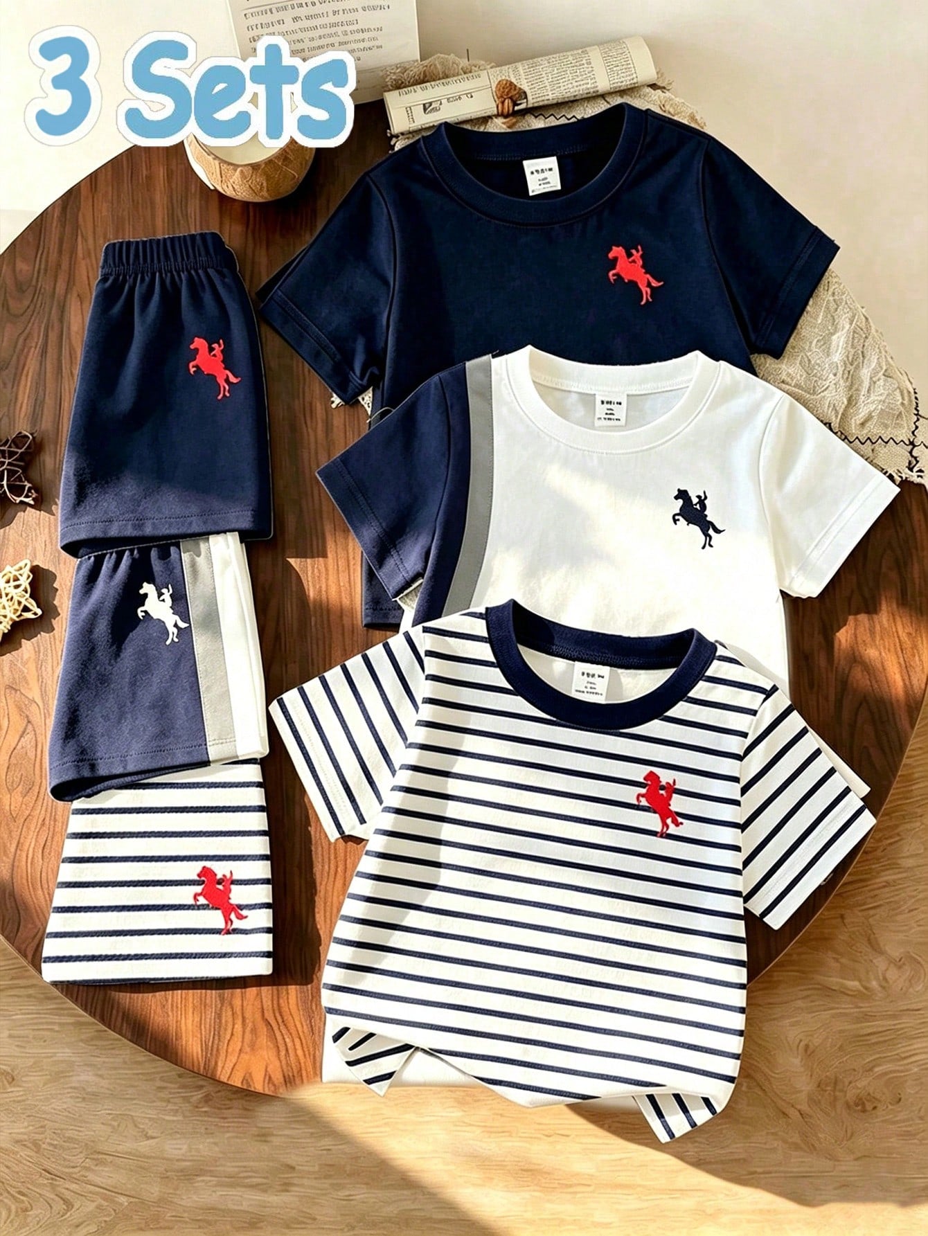 3 Sets Baby Boy Round Neck Short Sleeve T-Shirt And Shorts Casual Daily Outfit,School Clothes, Suitable For Summer Outings And Play