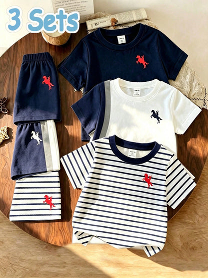 3 Sets Baby Boy Round Neck Short Sleeve T-Shirt And Shorts Casual Daily Outfit,School Clothes, Suitable For Summer Outings And Play