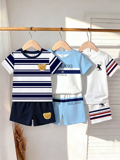 3 Sets Baby Boy Round Neck Short Sleeve T-Shirt And Shorts Casual Daily Outfit,School Clothes, Suitable For Summer Outings And Play