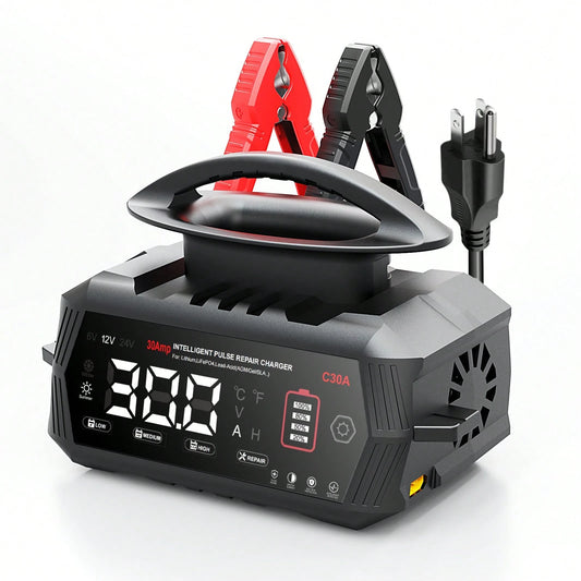 30Amp Smart Car Battery Charger, 12V/24V Automotive Charger, Lead-Acid Battery, LiFePO4 Battery Maintainer With LCD Display, Trickle Charger, For Lawn Mower, Motorcycle, AGM, STD, Gel, EFB,Etc