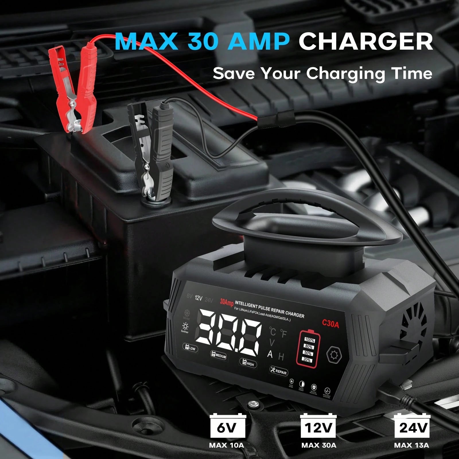 30Amp Smart Car Battery Charger, 12V/24V Automotive Charger, Lead-Acid Battery, LiFePO4 Battery Maintainer With LCD Display, Trickle Charger, For Lawn Mower, Motorcycle, AGM, STD, Gel, EFB,Etc