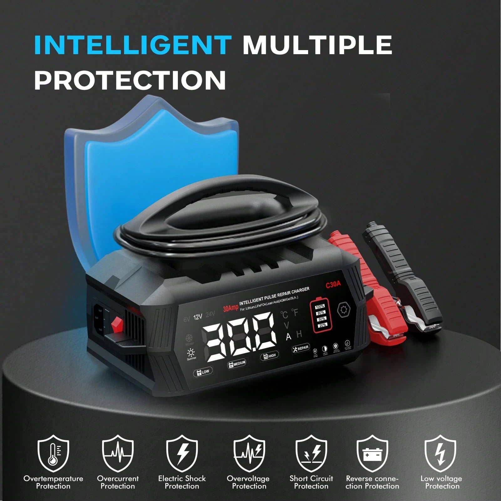 30Amp Smart Car Battery Charger, 12V/24V Automotive Charger, Lead-Acid Battery, LiFePO4 Battery Maintainer With LCD Display, Trickle Charger, For Lawn Mower, Motorcycle, AGM, STD, Gel, EFB,Etc