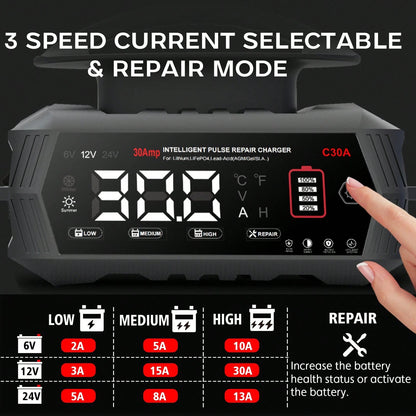 30Amp Smart Car Battery Charger, 12V/24V Automotive Charger, Lead-Acid Battery, LiFePO4 Battery Maintainer With LCD Display, Trickle Charger, For Lawn Mower, Motorcycle, AGM, STD, Gel, EFB,Etc