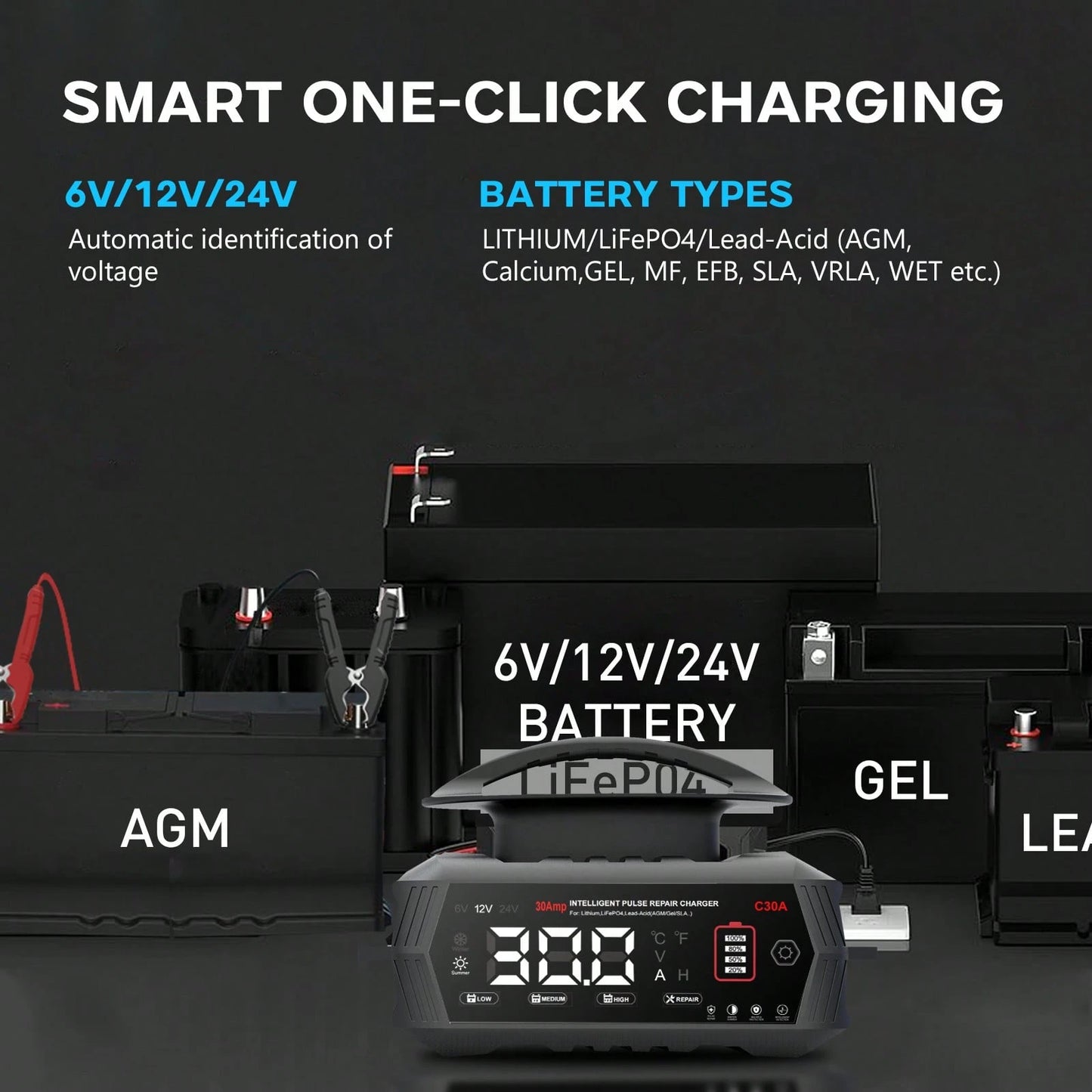 30Amp Smart Car Battery Charger, 12V/24V Automotive Charger, Lead-Acid Battery, LiFePO4 Battery Maintainer With LCD Display, Trickle Charger, For Lawn Mower, Motorcycle, AGM, STD, Gel, EFB,Etc