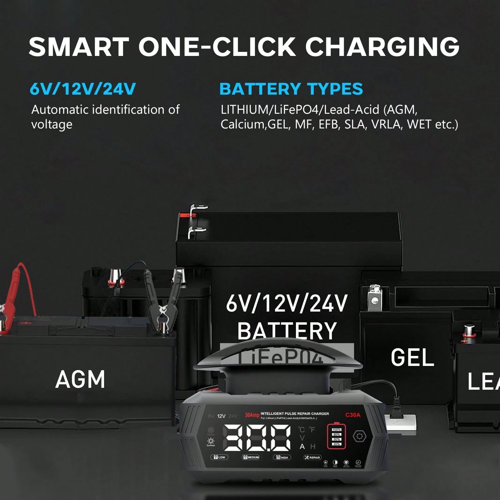 30Amp Smart Car Battery Charger, 12V/24V Automotive Charger, Lead-Acid Battery, LiFePO4 Battery Maintainer With LCD Display, Trickle Charger, For Lawn Mower, Motorcycle, AGM, STD, Gel, EFB,Etc
