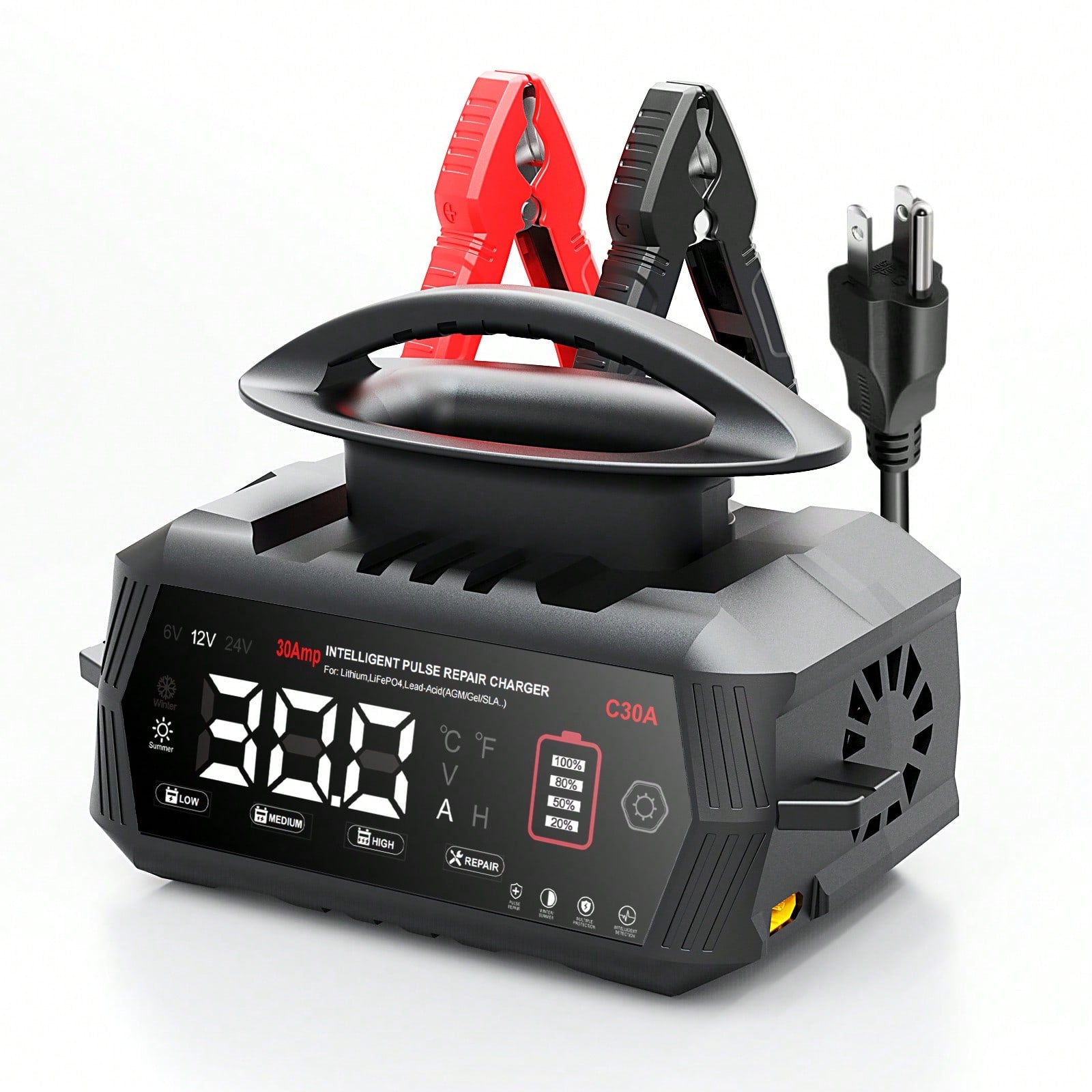 30Amp Smart Car Battery Charger, 12V/24V Automotive Charger, Lead-Acid Battery, LiFePO4 Battery Maintainer With LCD Display, Trickle Charger, For Lawn Mower, Motorcycle, AGM, STD, Gel, EFB,Etc