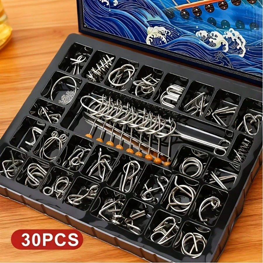 30pcs Metal Puzzle Gift Set (Includes 1 Set Of Nine-Link Rings, 29 Sets Of Brain Teaser Unlocking Puzzles), Ring And Lock Puzzles, Oriental Kongming Lock, Luban Lock, Exercises Hand-Brain Flexibility