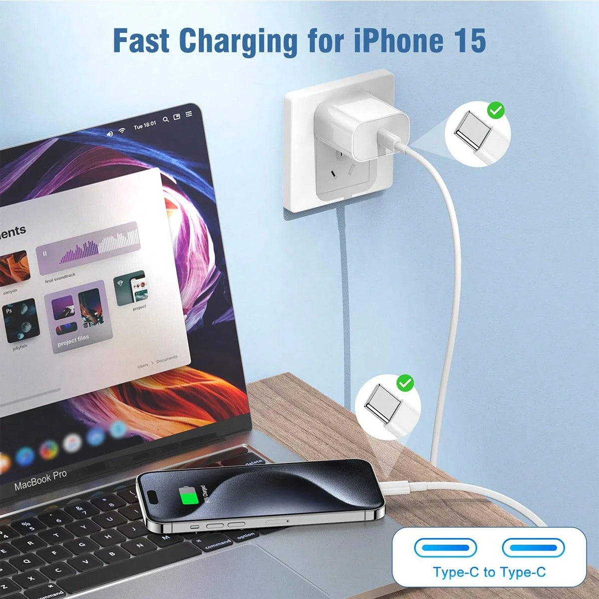 30W Apple Fast Charging Kit USB-C Fast Charging Adapter Charging Block, With 6.6FT/200cm Long Charging Cable Data Line USB-C To Type-C Charging Kit, Compatible With IPhone 17/16/15/Pro Max Plus,,, C