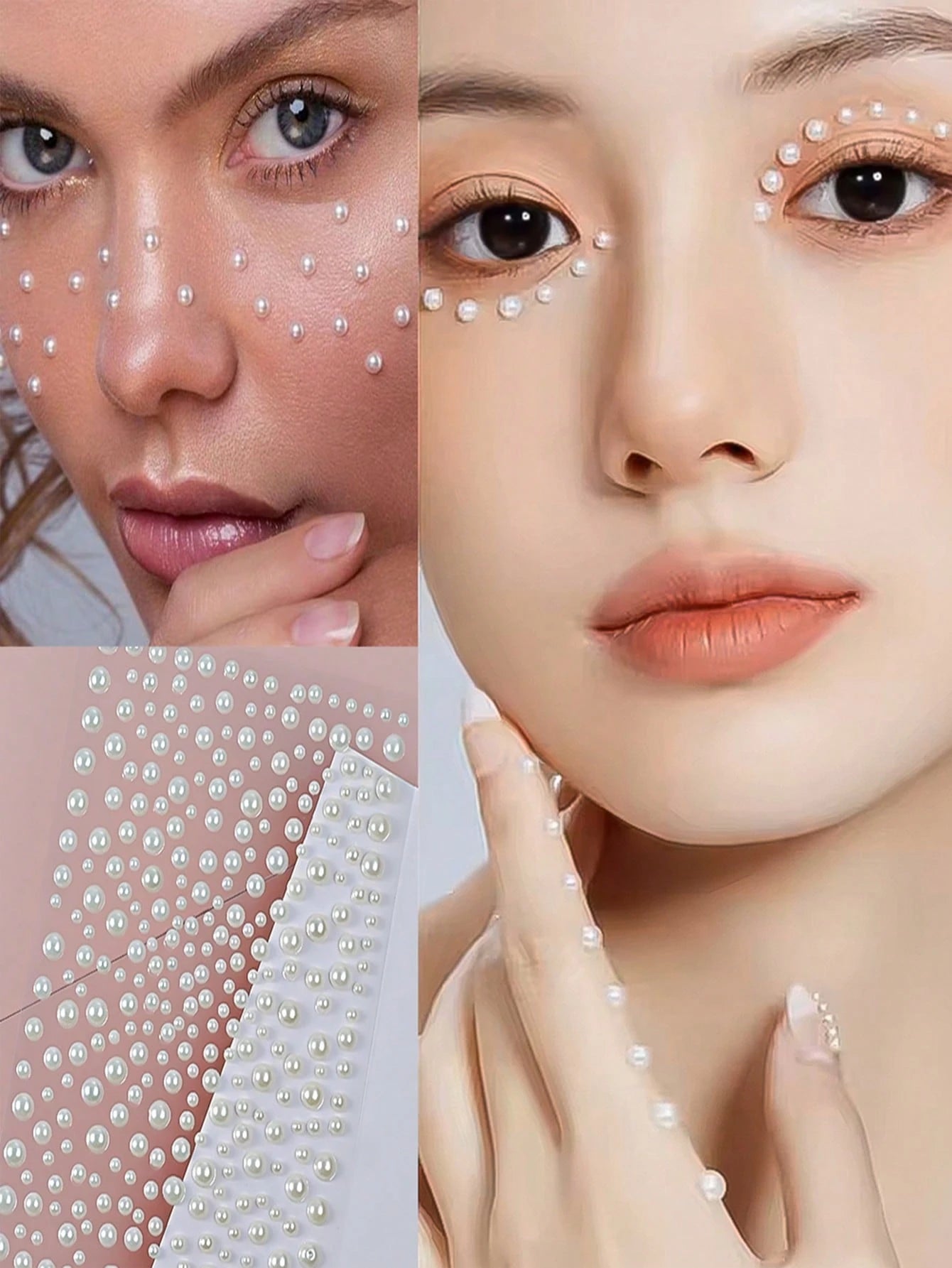 325pcs Y2K 3D Self-Adhesive DIY Pearl Face Decor Stickers, 325pcs White Glitter Pearl Acrylic & Rhinestone Stickers, 1 Sheet 3D Stickers For Makeup, Hair, Face, Nails, Decoration