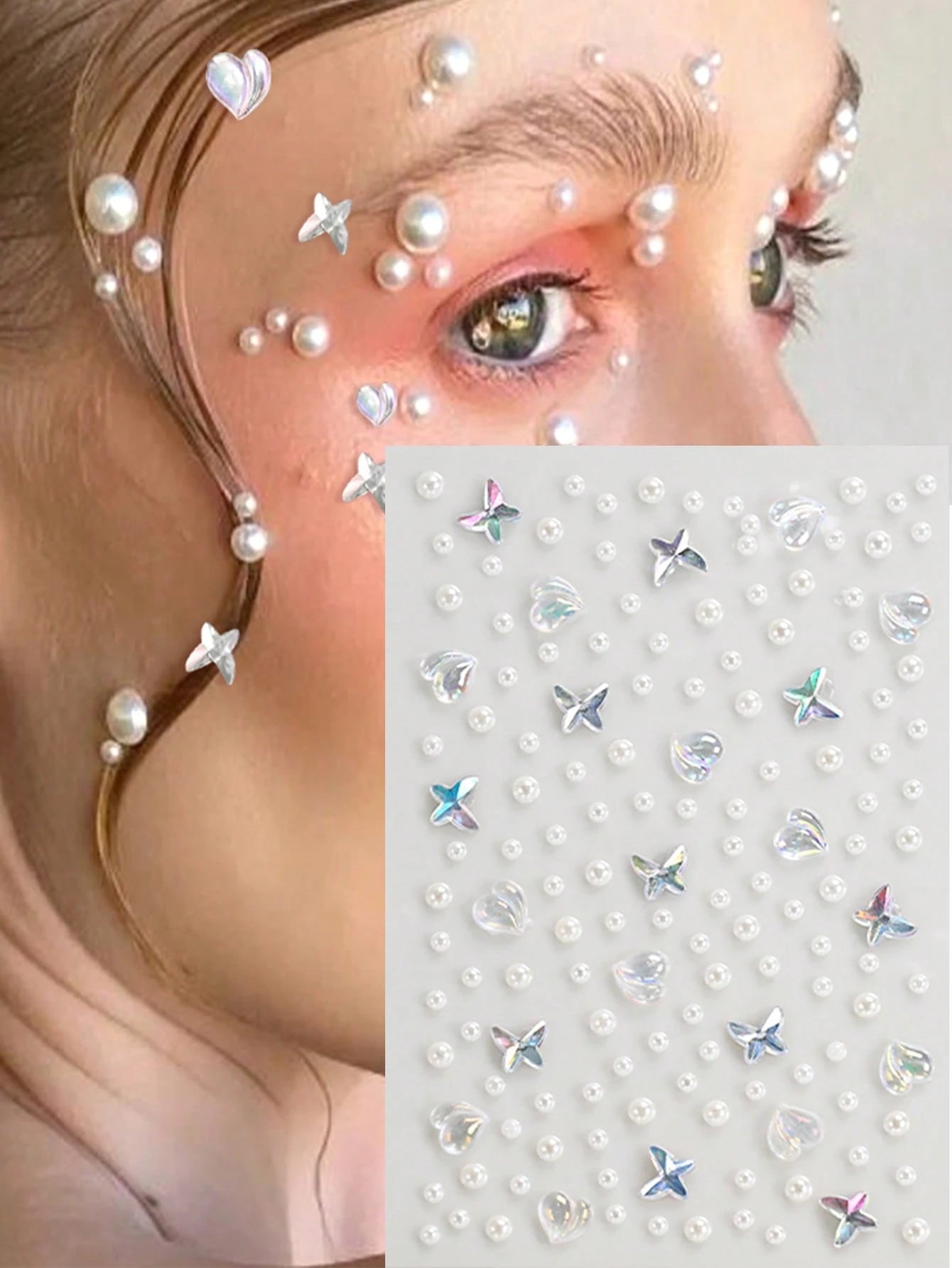 325pcs Y2K 3D Self-Adhesive DIY Pearl Face Decor Stickers, 325pcs White Glitter Pearl Acrylic & Rhinestone Stickers, 1 Sheet 3D Stickers For Makeup, Hair, Face, Nails, Decoration