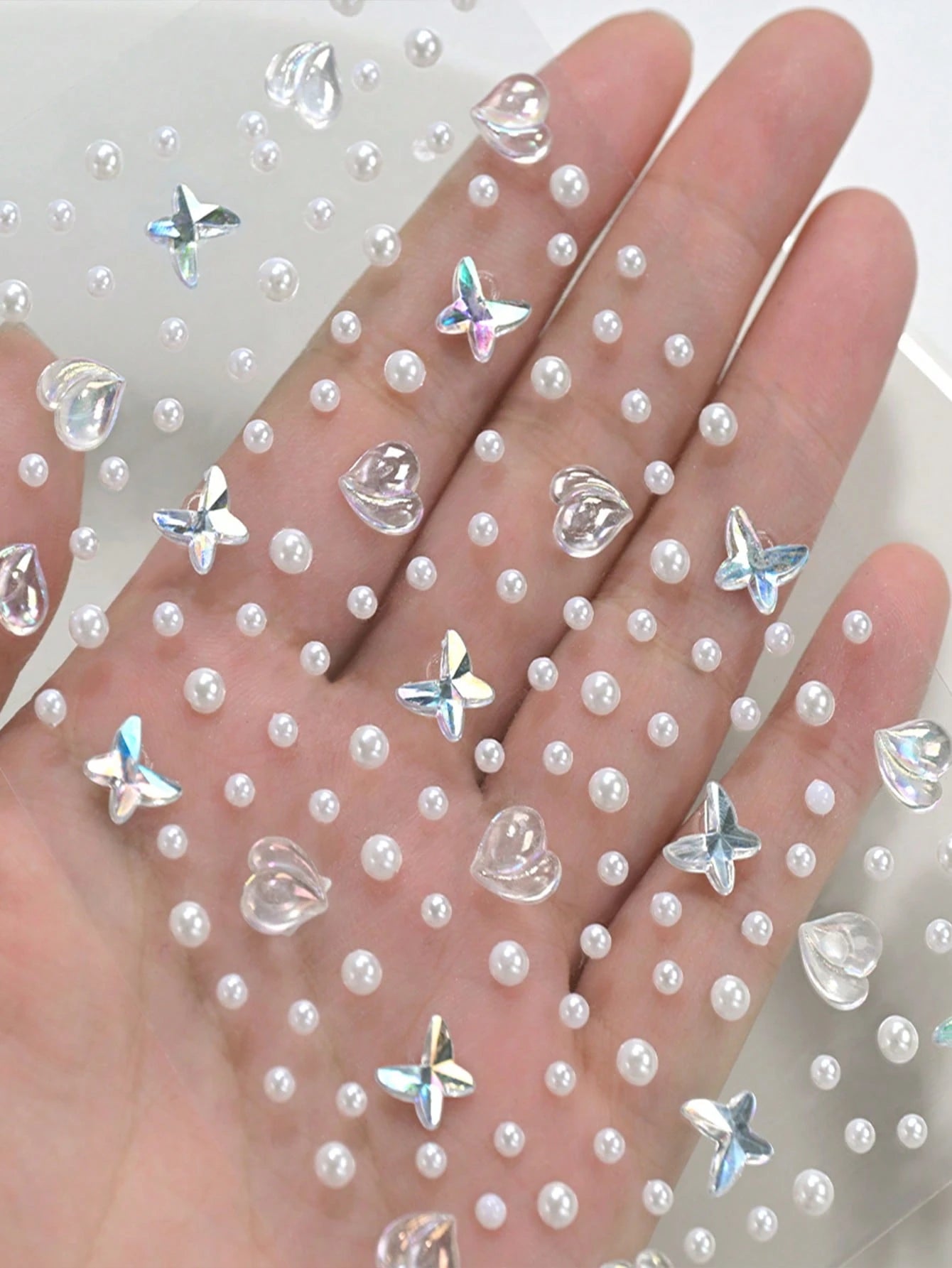 325pcs Y2K 3D Self-Adhesive DIY Pearl Face Decor Stickers, 325pcs White Glitter Pearl Acrylic & Rhinestone Stickers, 1 Sheet 3D Stickers For Makeup, Hair, Face, Nails, Decoration