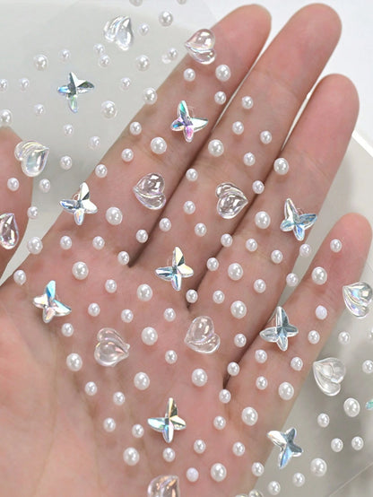 325pcs Y2K 3D Self-Adhesive DIY Pearl Face Decor Stickers, 325pcs White Glitter Pearl Acrylic & Rhinestone Stickers, 1 Sheet 3D Stickers For Makeup, Hair, Face, Nails, Decoration