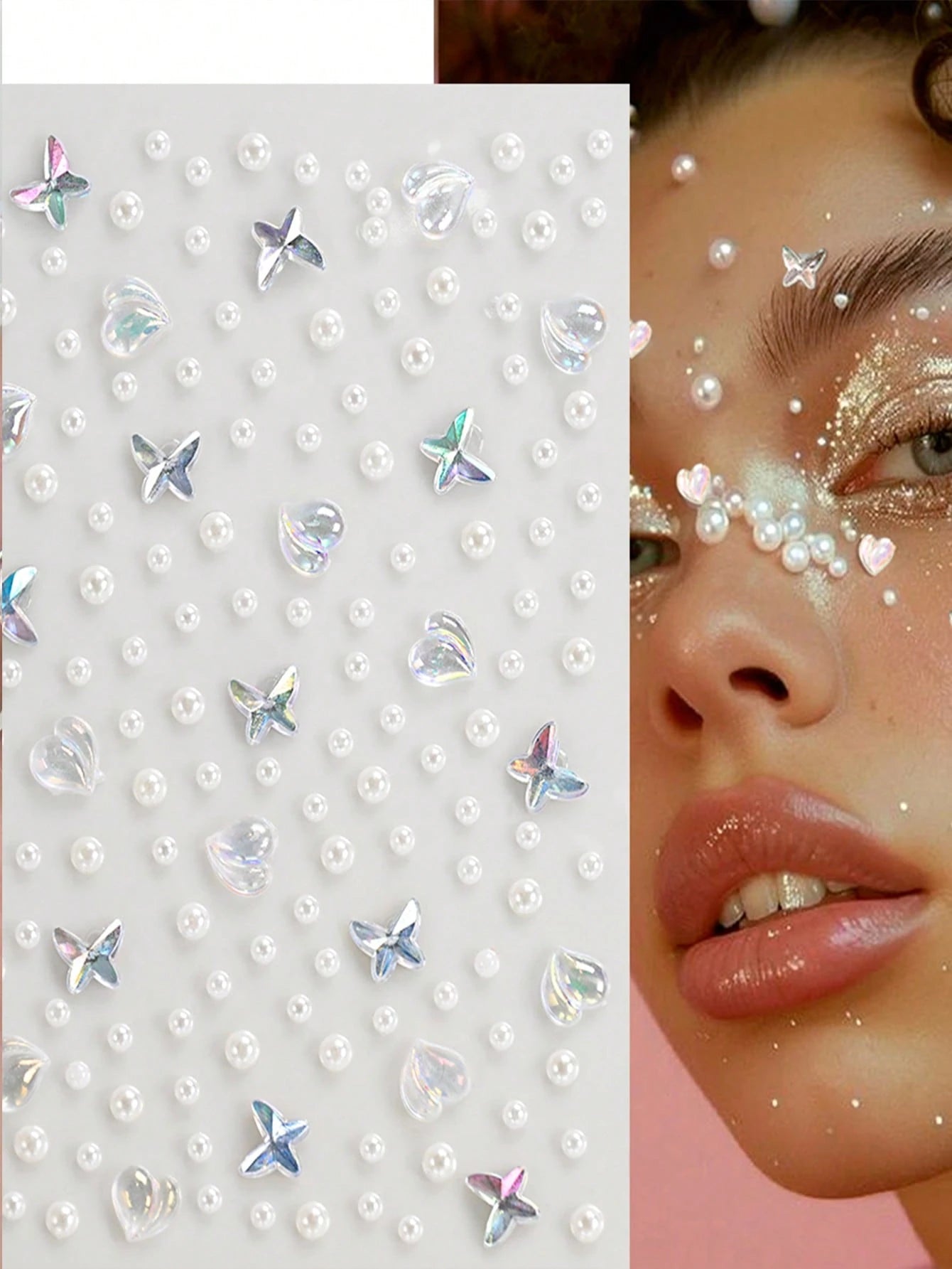 325pcs Y2K 3D Self-Adhesive DIY Pearl Face Decor Stickers, 325pcs White Glitter Pearl Acrylic & Rhinestone Stickers, 1 Sheet 3D Stickers For Makeup, Hair, Face, Nails, Decoration