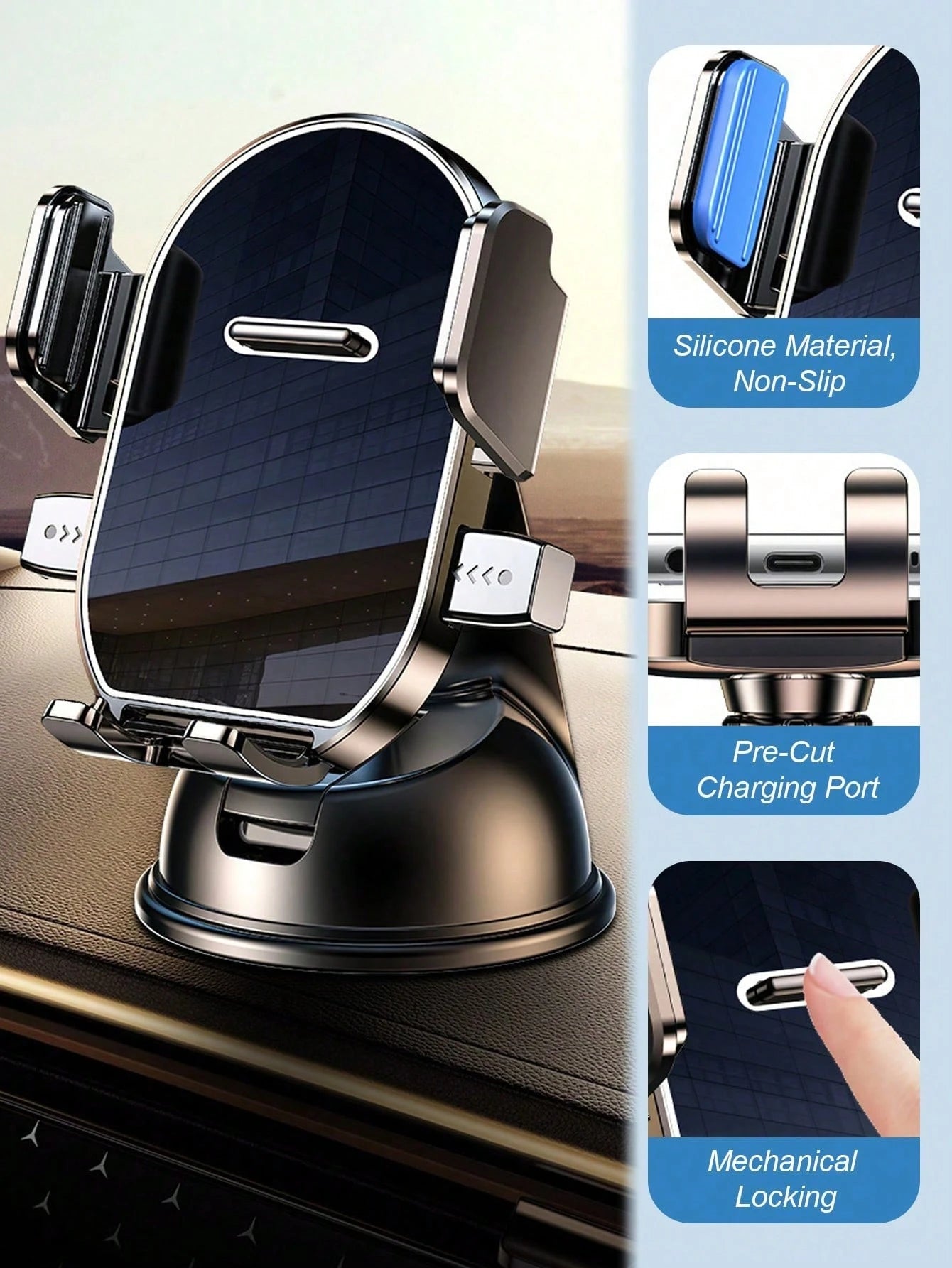 360° Rotatable Dashboard Phone Holder- With Suction Cup Base, Auto-Lock Mechanism, Anti-Shake, Universal Car Navigation Mount