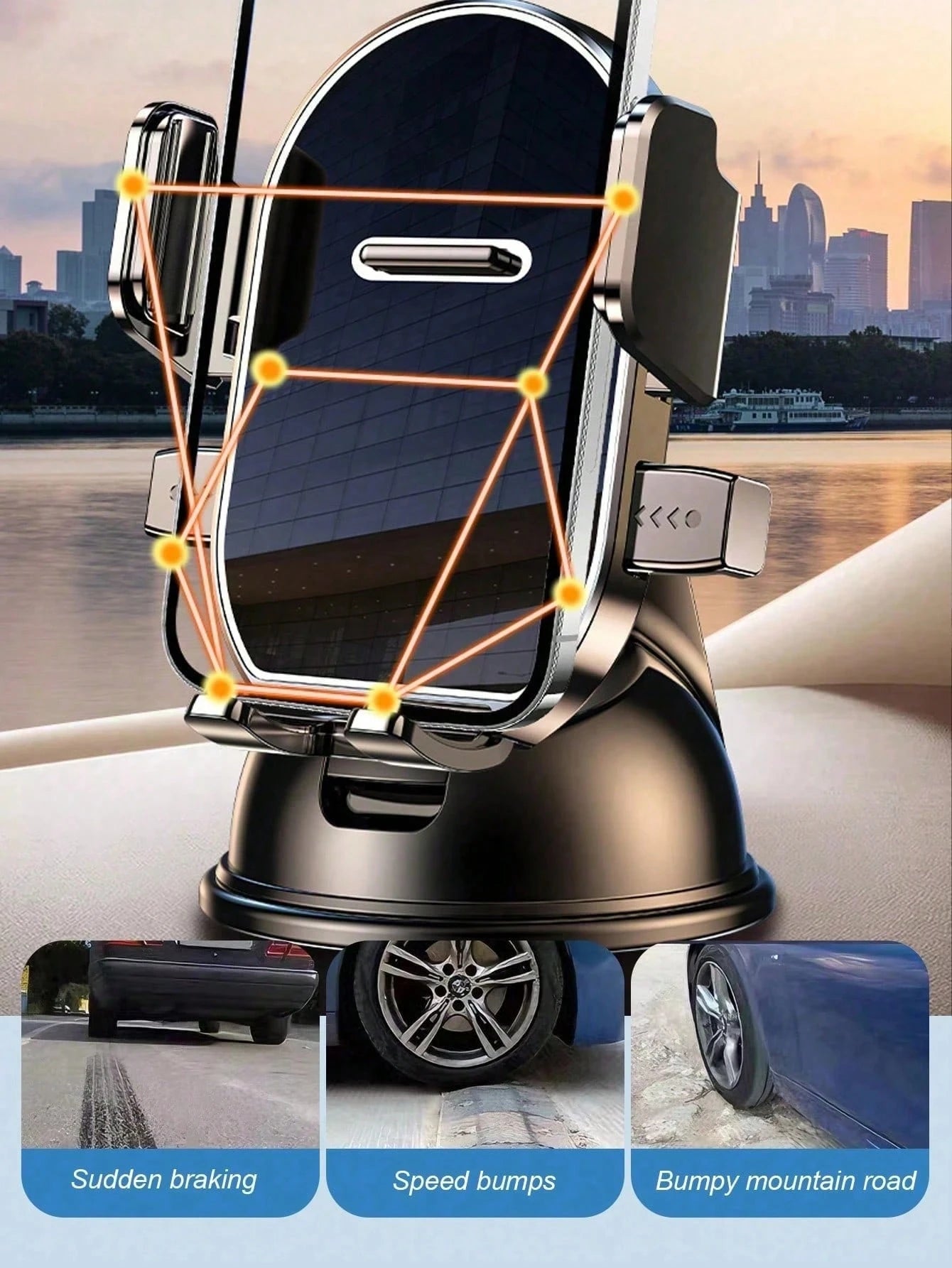 360° Rotating Dashboard Phone Holder- With Suction Cup Base, Auto-Lock Mechanism, Shock-Proof, Universal Car Navigation Bracket