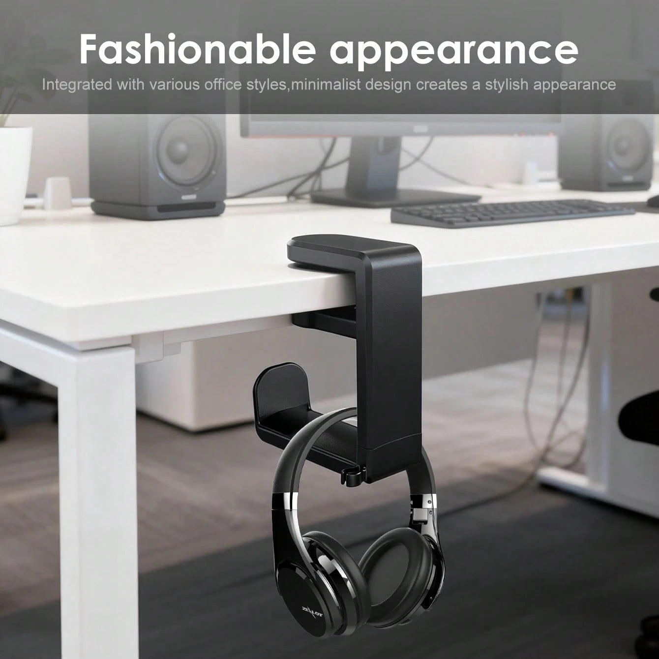 360° Rotating No-Drill C-Clamp Headphone Stand, Minimalist Fashion Design, Plastic Material, With Cable Management Slot, Anti-Scratch Curved Hook, 4.53 Inches High, Supports Up To 2.2 Lbs