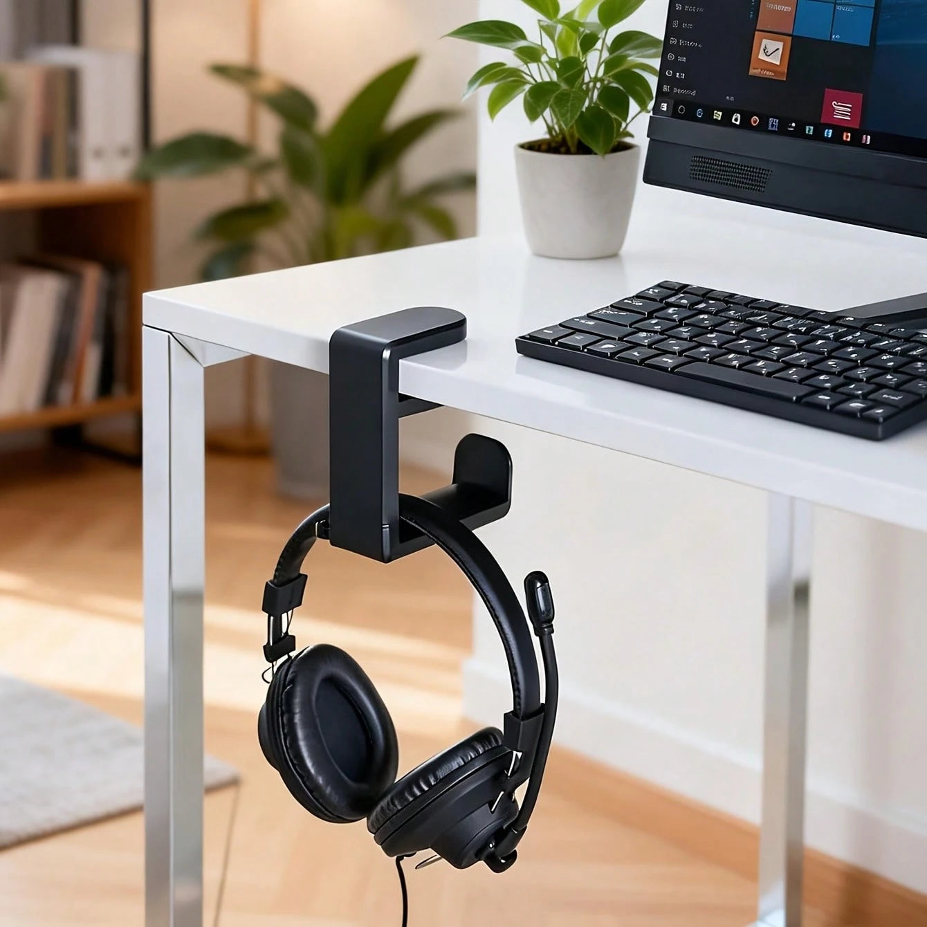 360° Rotating No-Drill C-Clamp Headphone Stand, Minimalist Fashion Design, Plastic Material, With Cable Management Slot, Anti-Scratch Curved Hook, 4.53 Inches High, Supports Up To 2.2 Lbs
