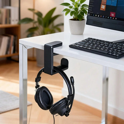 360° Rotating No-Drill C-Clamp Headphone Stand, Minimalist Fashion Design, Plastic Material, With Cable Management Slot, Anti-Scratch Curved Hook, 4.53 Inches High, Supports Up To 2.2 Lbs