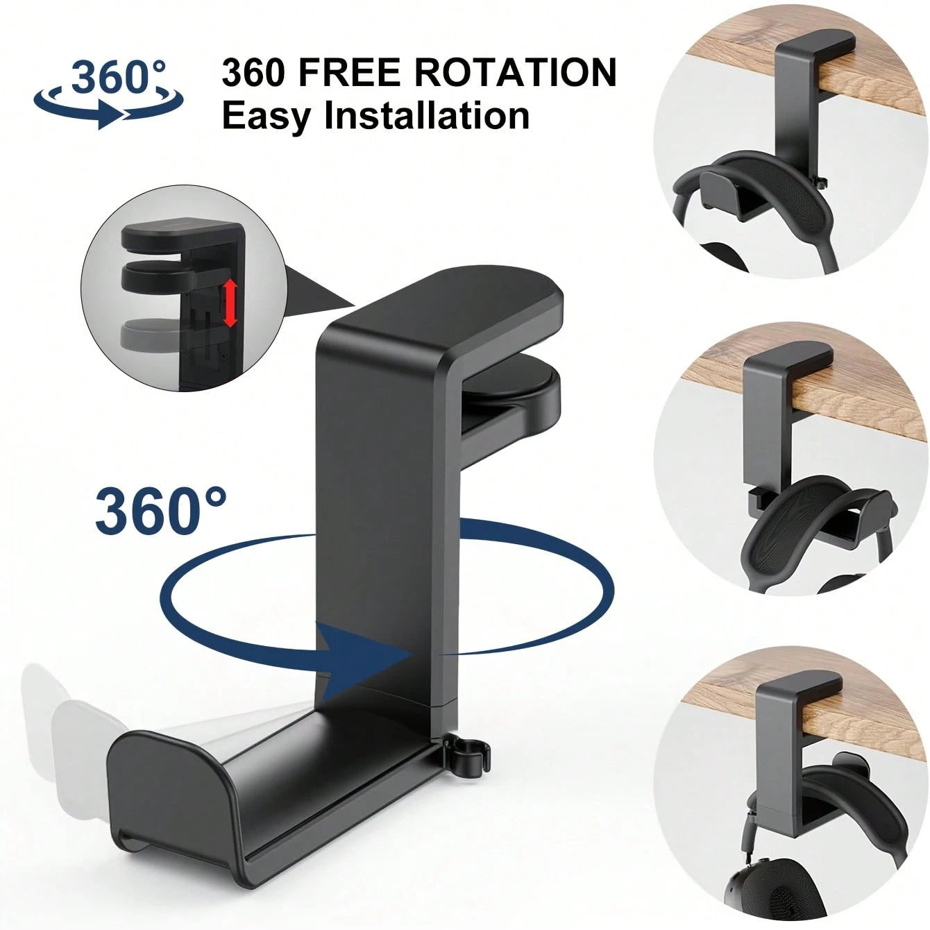 360° Rotating No-Drill C-Clamp Headphone Stand, Minimalist Fashion Design, Plastic Material, With Cable Management Slot, Anti-Scratch Curved Hook, 4.53 Inches High, Supports Up To 2.2 Lbs