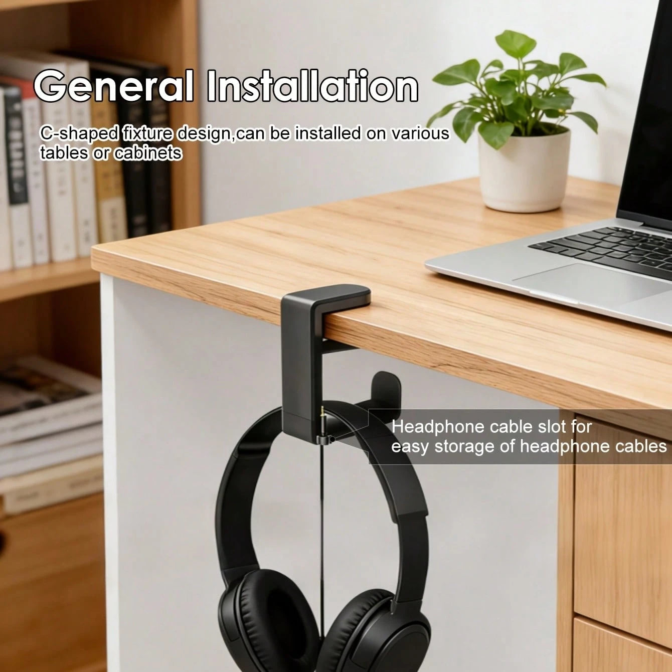 360° Rotating No-Drill C-Clamp Headphone Stand, Minimalist Fashion Design, Plastic Material, With Cable Management Slot, Anti-Scratch Curved Hook, 4.53 Inches High, Supports Up To 2.2 Lbs
