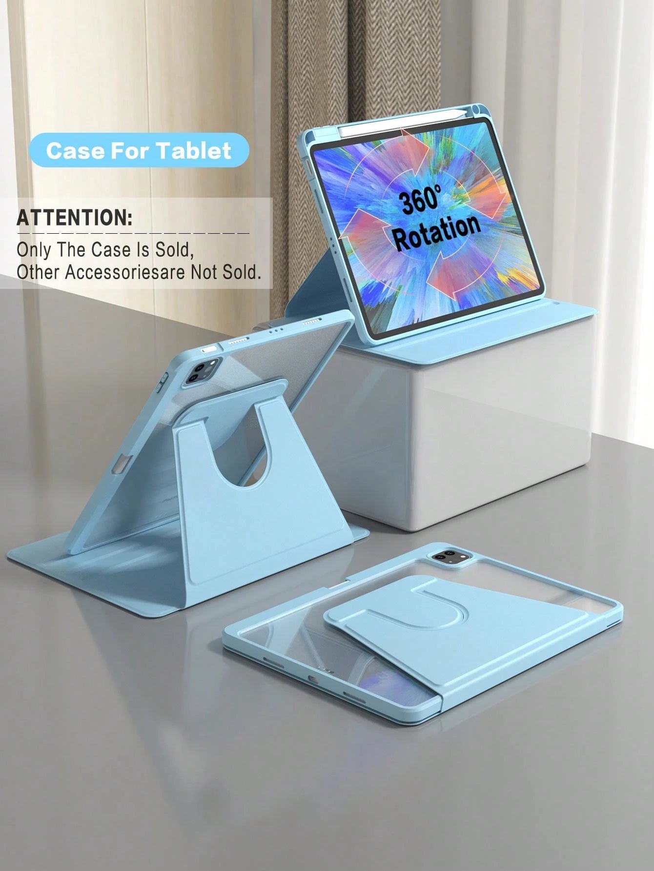 360° Rotating Protective Case With Pencil Holder For IPad 5/6/7/8/9/10/11, IPad Mini 6/7, IPad Air 1/2/3/4/5, 11" (M2)/11" (M3)/13" (M2)/13" (M3), IPad Pro 12.9" (3rd/4th/5th/6th Gen)- Blue