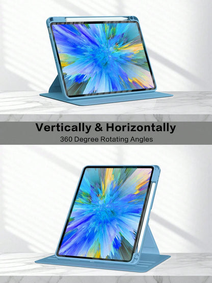 360° Rotating Protective Case With Pencil Holder For IPad 5/6/7/8/9/10/11, IPad Mini 6/7, IPad Air 1/2/3/4/5, 11" (M2)/11" (M3)/13" (M2)/13" (M3), IPad Pro 12.9" (3rd/4th/5th/6th Gen)- Blue