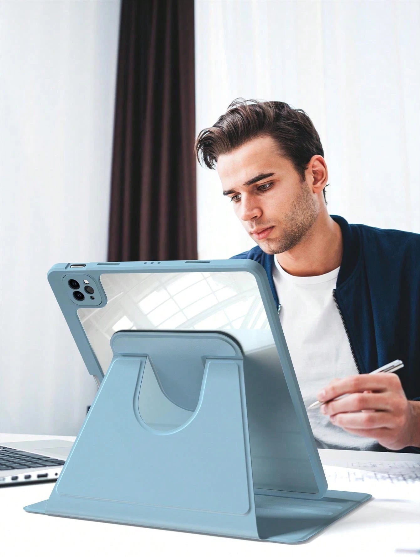 360° Rotating Protective Case With Pencil Holder For IPad 5/6/7/8/9/10/11, IPad Mini 6/7, IPad Air 1/2/3/4/5, 11" (M2)/11" (M3)/13" (M2)/13" (M3), IPad Pro 12.9" (3rd/4th/5th/6th Gen)- Blue
