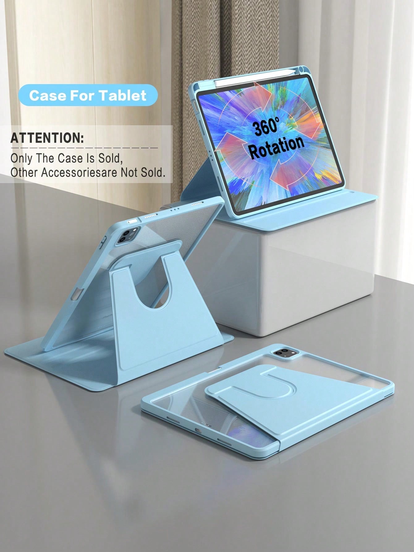 360° Rotating Protective Case With Pencil Holder For IPad 5/6/7/8/9/10/11, IPad Mini 6/7, IPad Air 1/2/3/4/5, 11" (M2)/11" (M3)/13" (M2)/13" (M3), IPad Pro 12.9" (3rd/4th/5th/6th Gen)- Blue