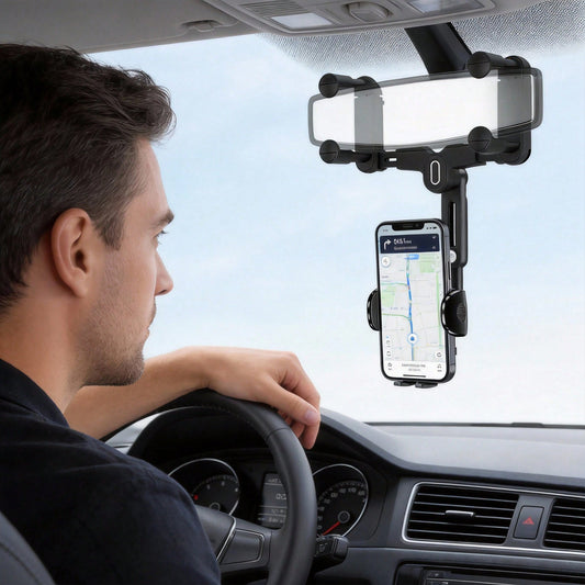 360° Rotating Rearview Mirror Phone Mount – Tool-Free Telescopic Clip With Anti-Slip Grip, Securely Holds Phones 4.0-7.0 Inches