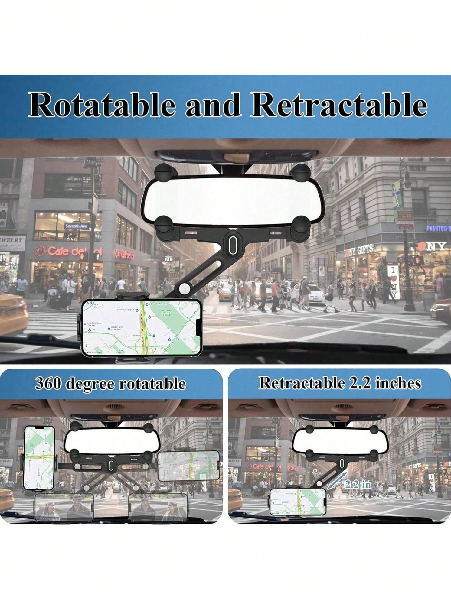 360° Rotating Rearview Mirror Phone Mount – Tool-Free Telescopic Clip With Anti-Slip Grip, Securely Holds Phones 4.0-7.0 Inches
