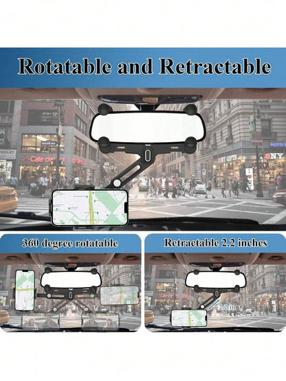 360° Rotating Rearview Mirror Phone Mount – Tool-Free Telescopic Clip With Anti-Slip Grip, Securely Holds Phones 4.0-7.0 Inches