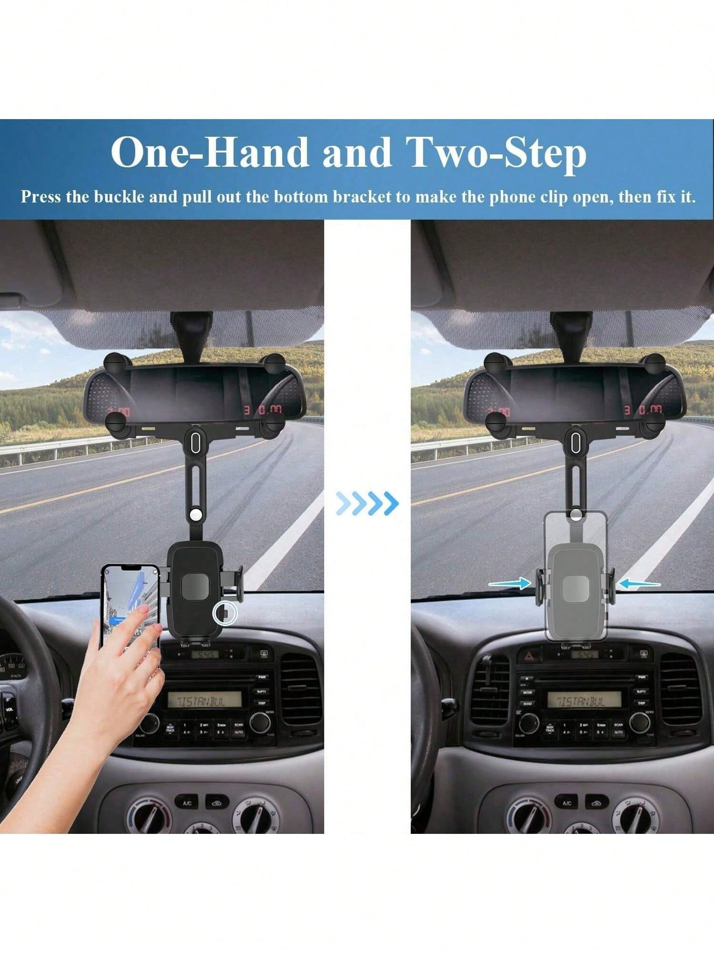 360° Rotating Rearview Mirror Phone Mount – Tool-Free Telescopic Clip With Anti-Slip Grip, Securely Holds Phones 4.0-7.0 Inches