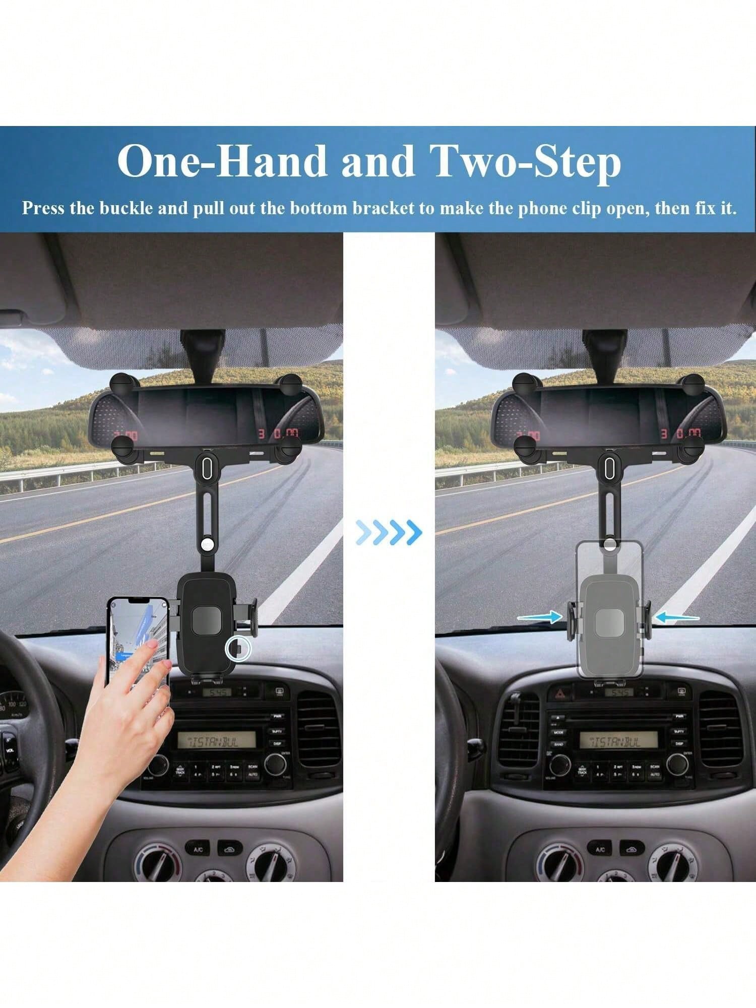 360° Rotating Rearview Mirror Phone Mount – Tool-Free Telescopic Clip With Anti-Slip Grip, Securely Holds Phones 4.0-7.0 Inches