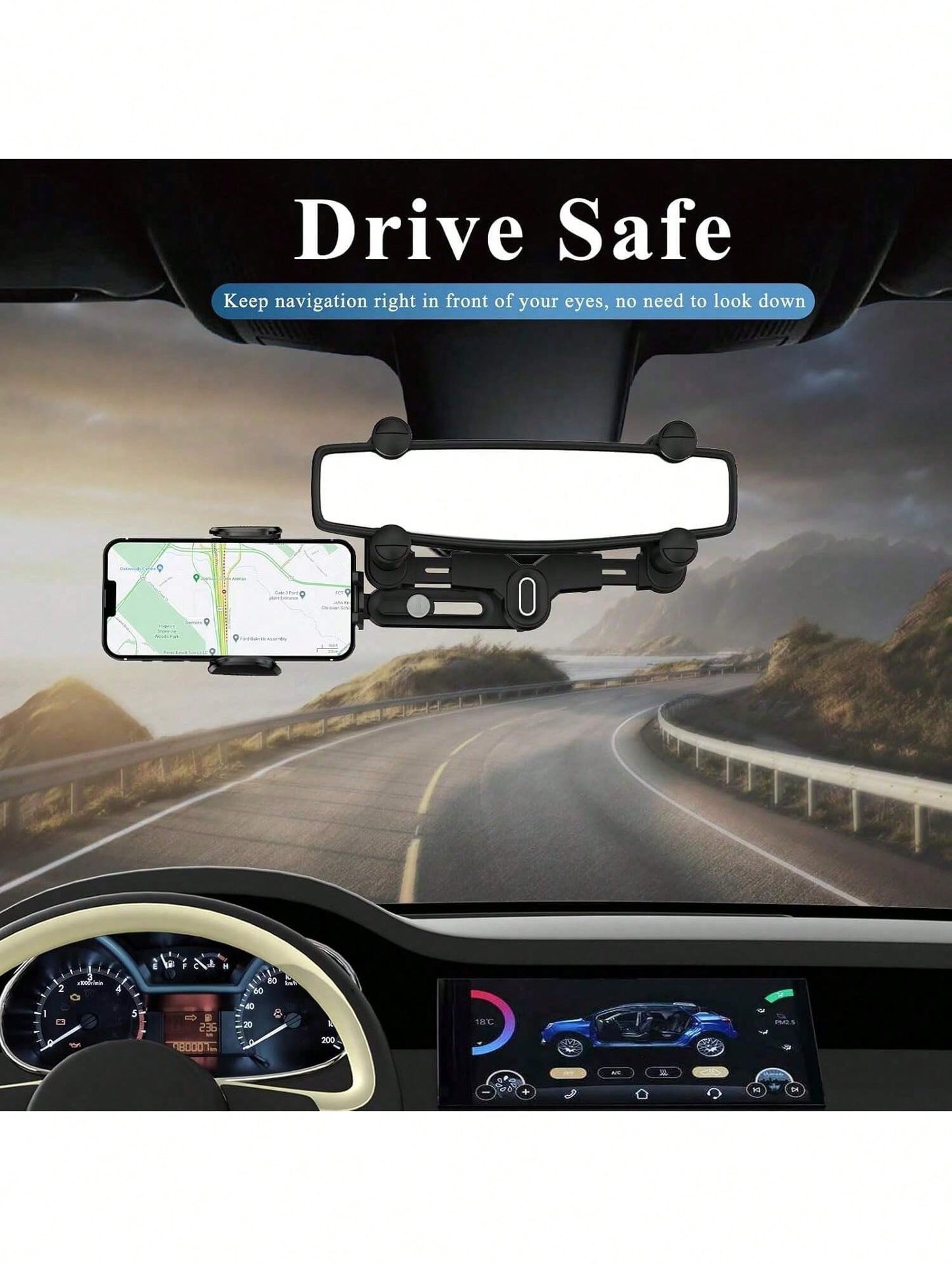 360° Rotating Rearview Mirror Phone Mount – Tool-Free Telescopic Clip With Anti-Slip Grip, Securely Holds Phones 4.0-7.0 Inches