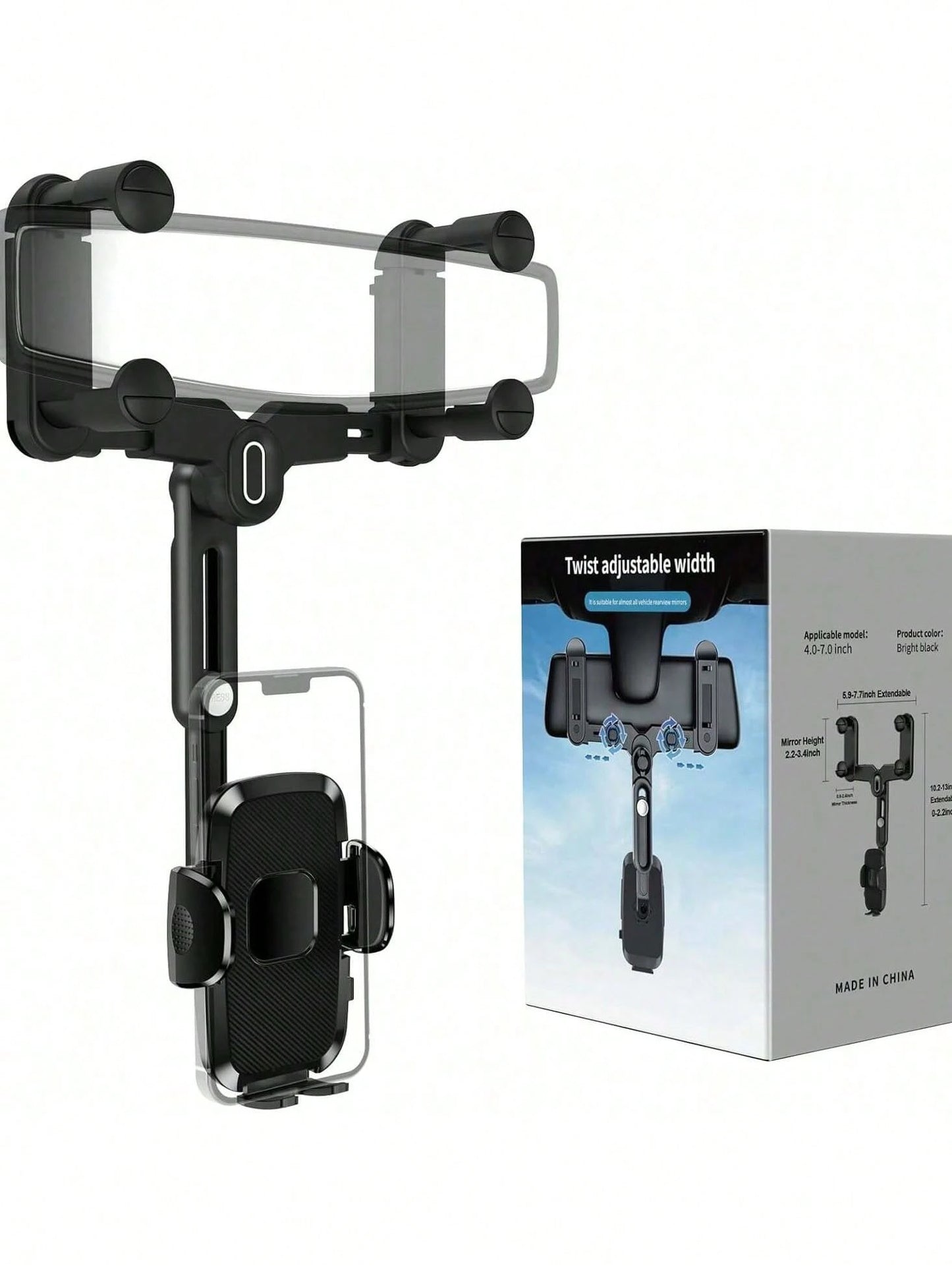 360° Rotating Rearview Mirror Phone Mount – Tool-Free Telescopic Clip With Anti-Slip Grip, Securely Holds Phones 4.0-7.0 Inches