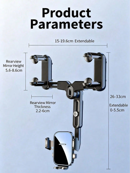 360° Rotating Rearview Mirror Phone Mount – Tool-Free Telescopic Clip With Anti-Slip Grip, Securely Holds Phones 4.0-7.0 Inches