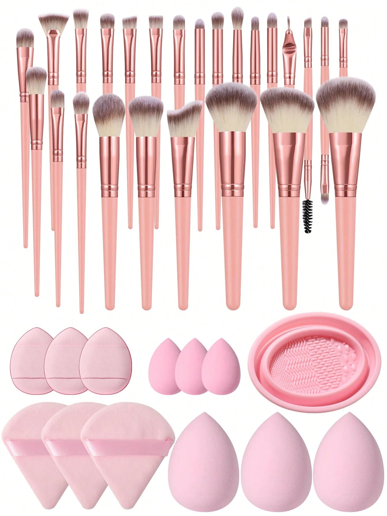 38pcs Makeup Brush Set, Includes: 25pcs Makeup Brushes + 3pcs Makeup Sponges + 3pcs Mini Makeup Sponges + 3pcs Makeup Powder Puffs + 3pcs Mini Air Cushion Puffs + 1pc Makeup Brush Cleaning Tool
