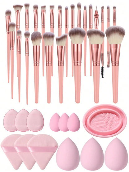 38pcs Makeup Brush Set, Includes: 25pcs Makeup Brushes + 3pcs Makeup Sponges + 3pcs Mini Makeup Sponges + 3pcs Makeup Powder Puffs + 3pcs Mini Air Cushion Puffs + 1pc Makeup Brush Cleaning Tool