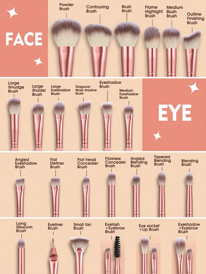 38pcs Makeup Brush Set, Includes: 25pcs Makeup Brushes + 3pcs Makeup Sponges + 3pcs Mini Makeup Sponges + 3pcs Makeup Powder Puffs + 3pcs Mini Air Cushion Puffs + 1pc Makeup Brush Cleaning Tool