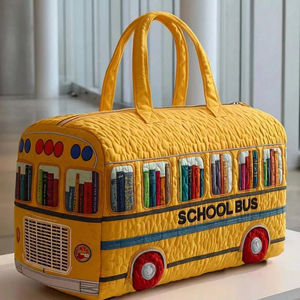 3D School Bus With Books Print Weekender Bag, Quilted Bus Design Travel Tote, Spacious Gym & Overnight Bag
