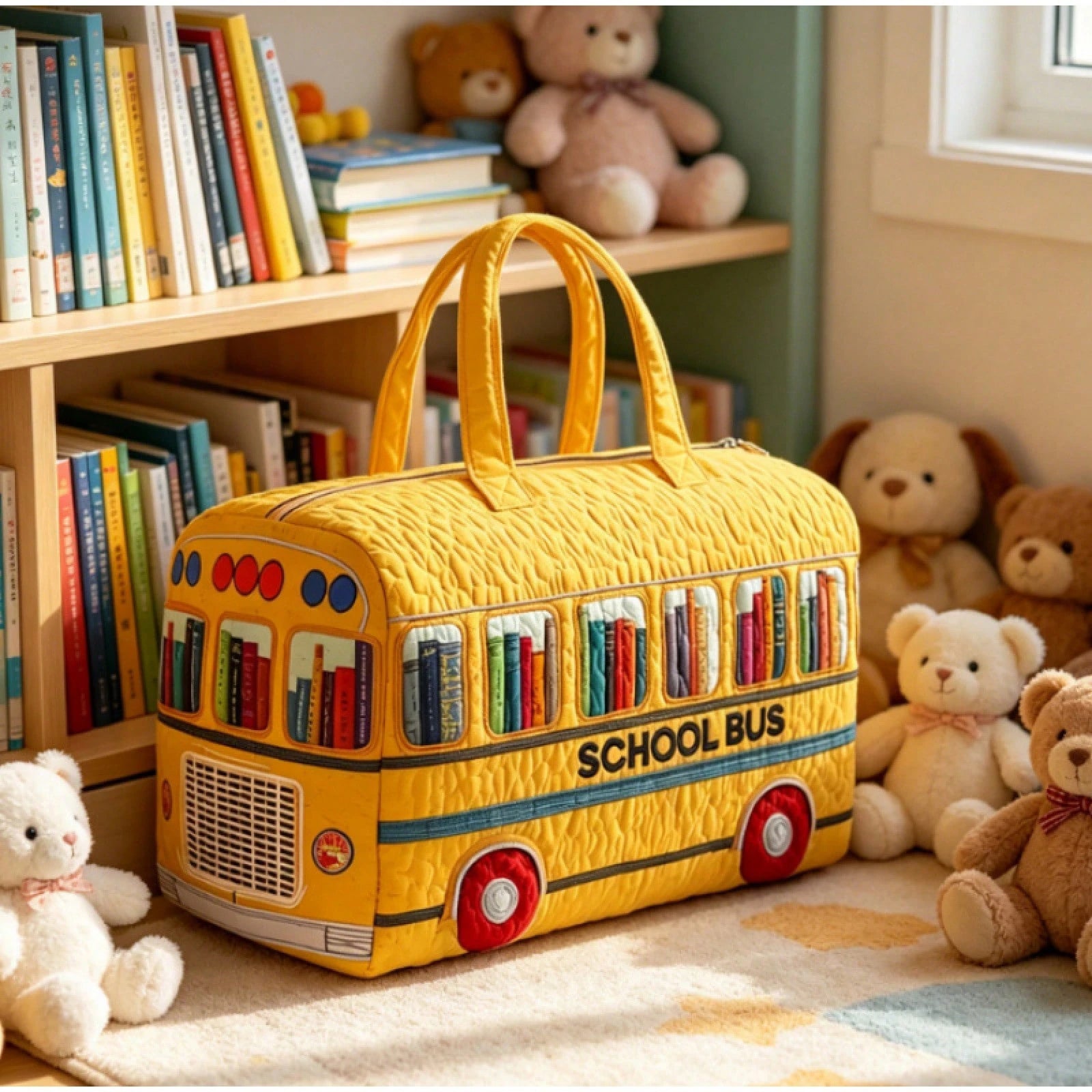 3D School Bus With Books Print Weekender Bag, Quilted Bus Design Travel Tote, Spacious Gym & Overnight Bag