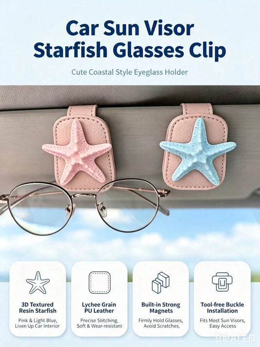 3D Starfish Leather Car Visor Glasses Clip, Car Sun Visor Fashion Glasses & Ticket Storage Holder, Ocean Style Car Interior Decor, Light Pink Leather Beach Style Car Visor Fashion Glasses Card Holder