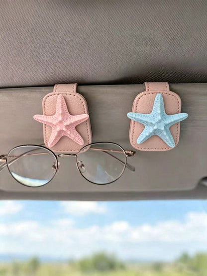 3D Starfish Leather Car Visor Glasses Clip, Car Sun Visor Fashion Glasses & Ticket Storage Holder, Ocean Style Car Interior Decor, Light Pink Leather Beach Style Car Visor Fashion Glasses Card Holder