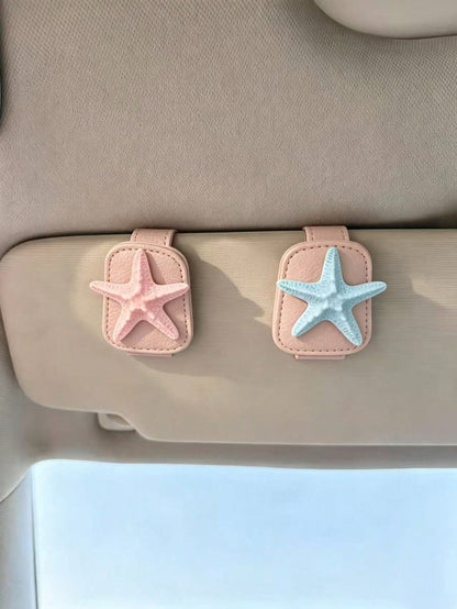 3D Starfish Leather Car Visor Glasses Clip, Car Sun Visor Fashion Glasses & Ticket Storage Holder, Ocean Style Car Interior Decor, Light Pink Leather Beach Style Car Visor Fashion Glasses Card Holder